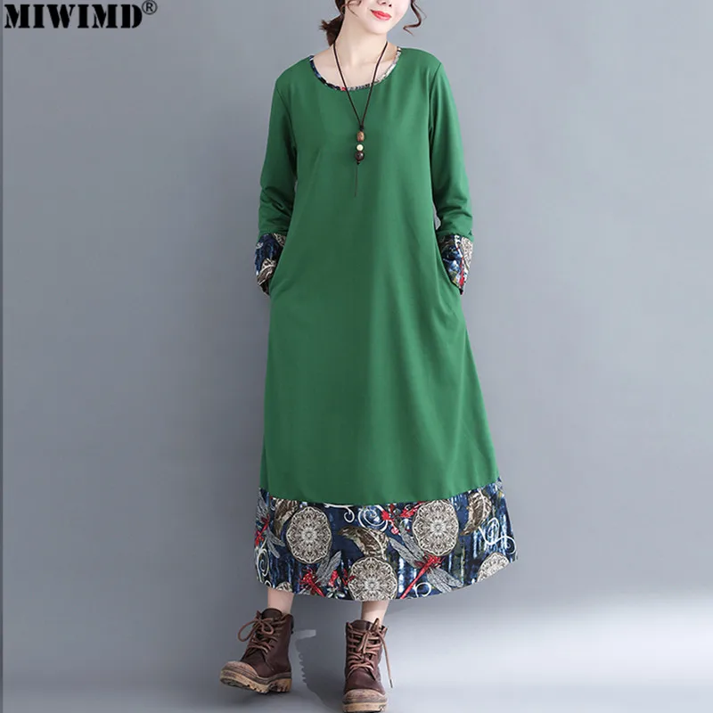 MIWIMD Hot Sale 2018 New Fashion Women Autumn Winter Casual Loose Cotton Linen Long Sleeve Stitching Print Dresses Big Size | Женская
