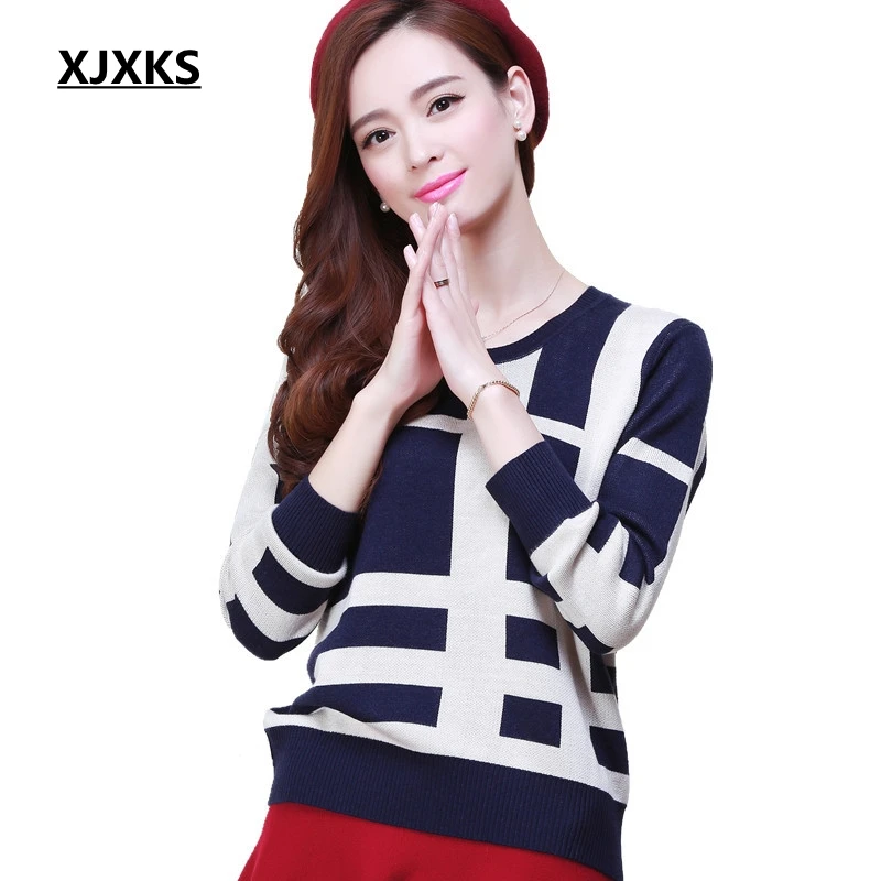 XJXKS New 2022 Fashion Plaid Sweater Women Sweaters and Pullovers O-Neck Long Sleeve Jumper Knitted | Женская одежда