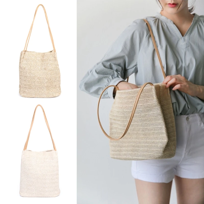 

Polyester Handmade Women Straw Woven Beach Tote Summer Shoulder Bag Shopping Handbag New 26x26cm