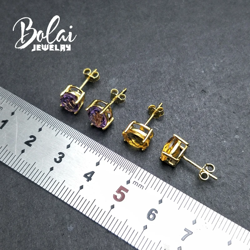 Bolaijewelry, простые серьги, натуральный цитрин и драгоценный камень аметист 925 желтого стерлингового серебра, ювелирные украшения для женщин, подарочная коробка