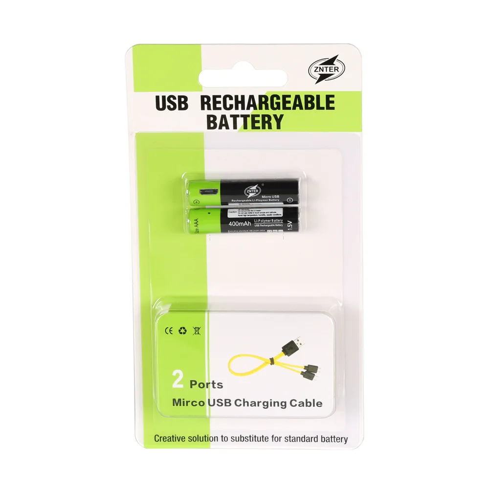 Перезаряжаемая батарея ZNTER 1 5 в AAA USB 400 мАч литий полимерная с usb кабелем комплекте