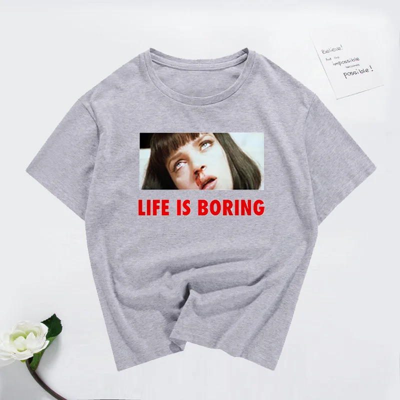 Пародия Харадзюку белая женская футболка летняя новинка футболка Femme Life is Boring буквенный принт Женская футболка размера плюс - Цвет: Серый