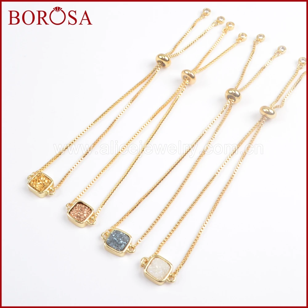 BOROSA, 10 шт., золотой цвет, ободок, квадратный, Радужный, титановый, друза, регулируемые браслеты для женщин, Drusy, смешанные цвета, браслет ZG0222