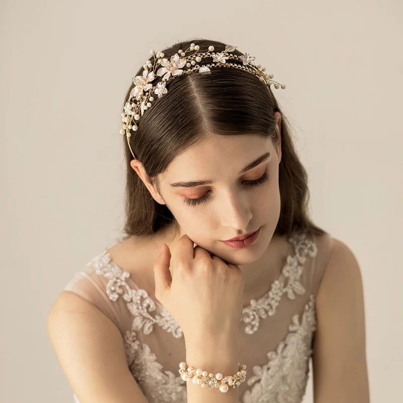 SLBRIDAL золотые стразы жемчуг цветок лист свадебная тиара головная повязка корона