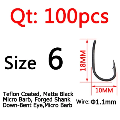 Size 6 100pcs ICERIO 100 шт. матовые черные тефлоновые с покрытием из высокоуглеродистой стали Карп рыболовные крючки Micro Barb Withy бассейн Rig крюк - Цвет: Size 6 100pcs