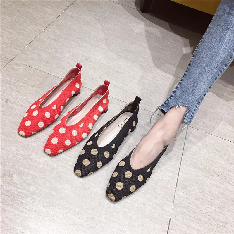 2019 Luxury Women Designer Low Heels Ballerina Flats Comfortable Lady Polka Dot Knitted Ballet Black Red Party Boat Shoes | Обувь