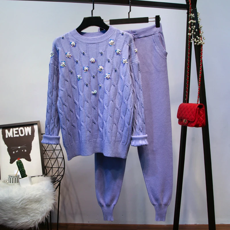ALPHALMODA осень зима женские 3D цветочные трикотажные брюки костюмы тяжелая работа с