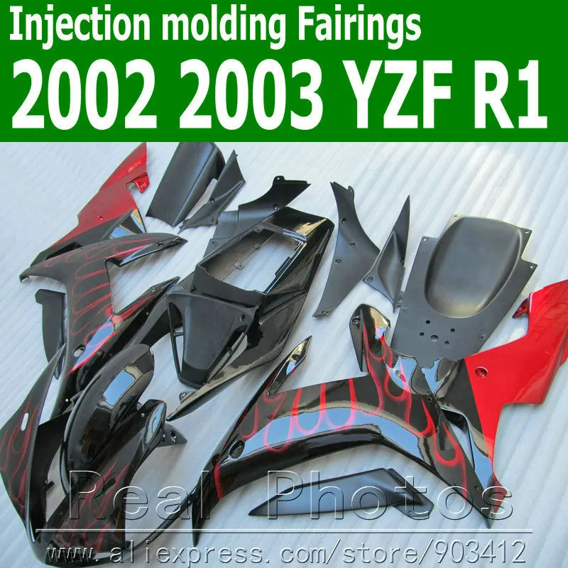 

100% Injection molding full fairing body kit for YAMAHA 2002 2003 red flames in black YZF R1 02 03 fairings set JK37