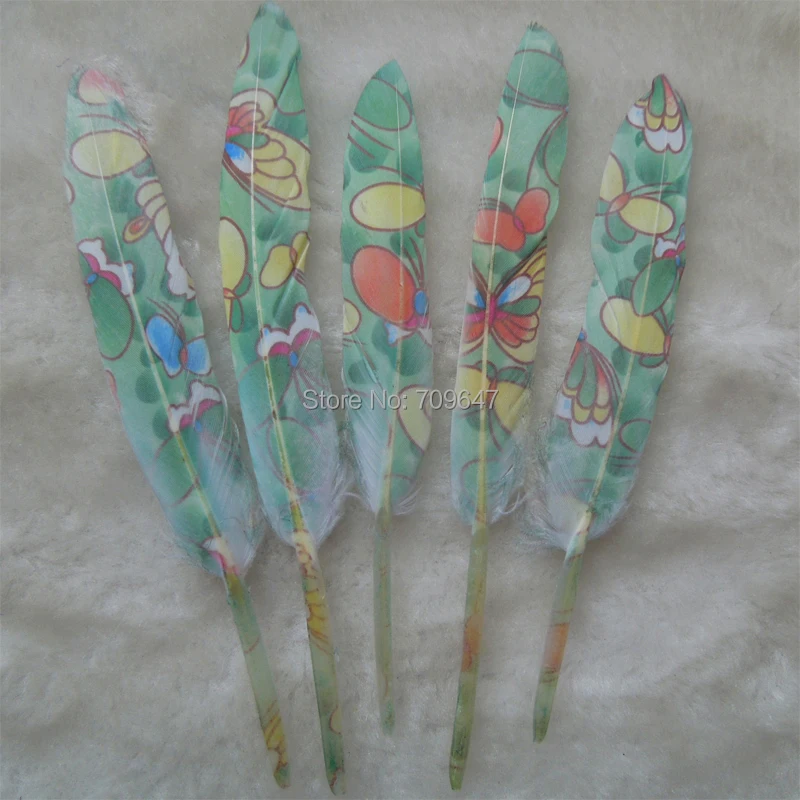 

Colorful Butterfly Print Goose Wing Feathers,print feathers loose for millinery,crafts,wedding,9-15cm 50Pcs/lot