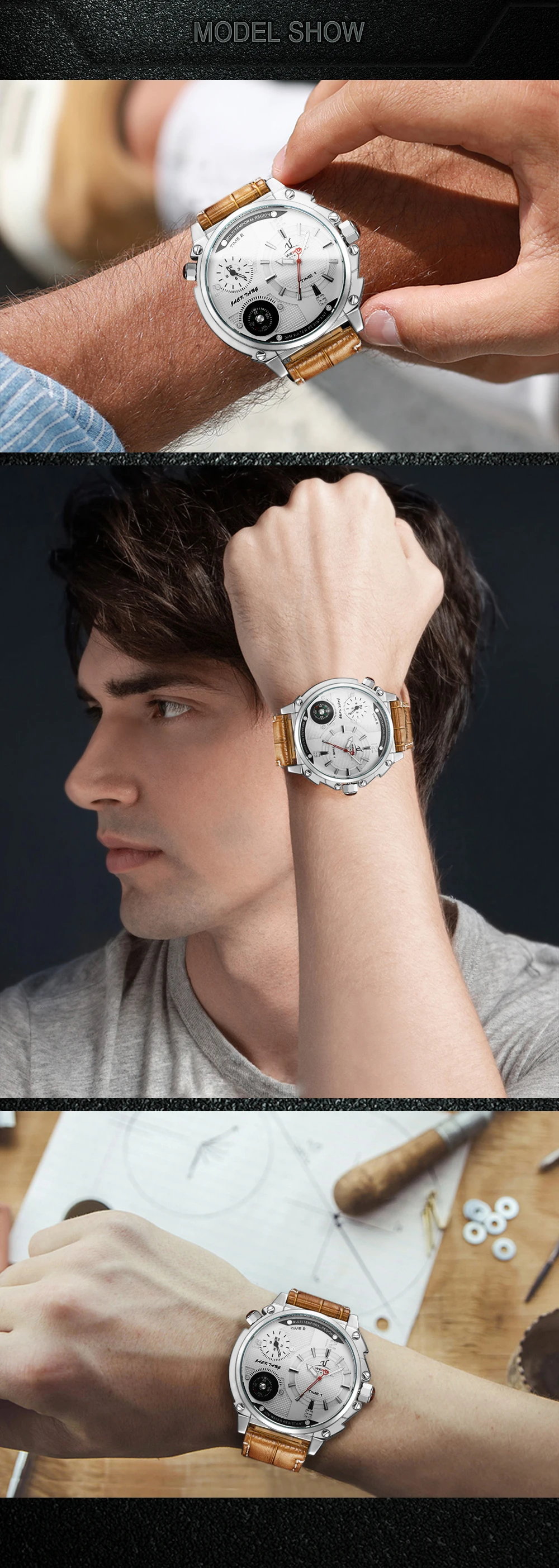 WEIDE спортивные роскошные часы с несколькими часовыми поясами, кварцевые мужские наручные часы с коричневым кожаным ремешком, мужские часы, мужские часы orologi uomo