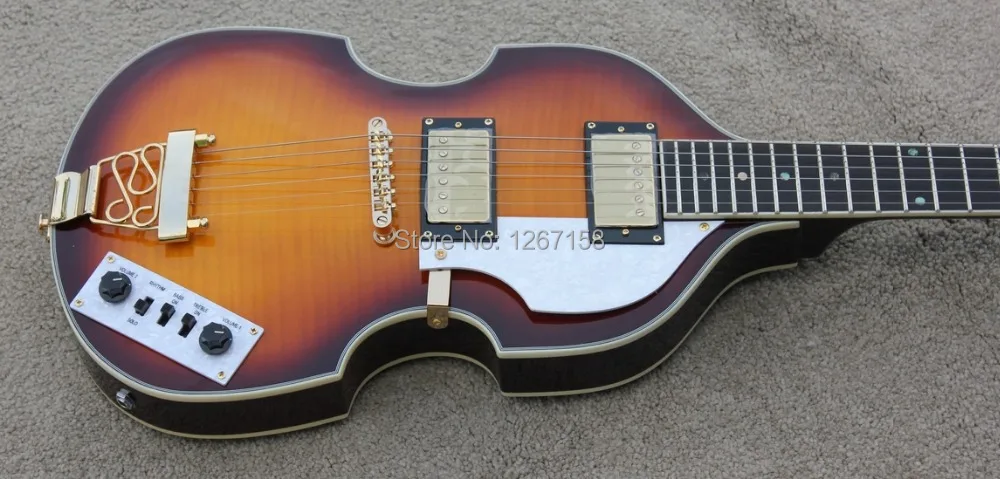 Винтаж SUNBURST Hofner стиль скрипка гитара полые тела шеи переплет Золотое
