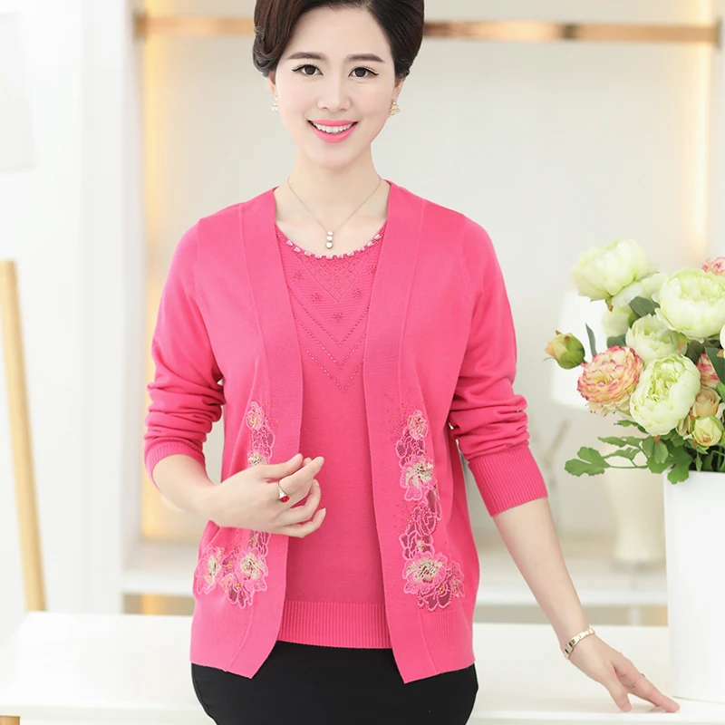 2017 Womens Fall Fashion Women Cardigans Middle-aged Women's Autumn Sweater Two Pieces Female Loose Large Size Coat Jacket |