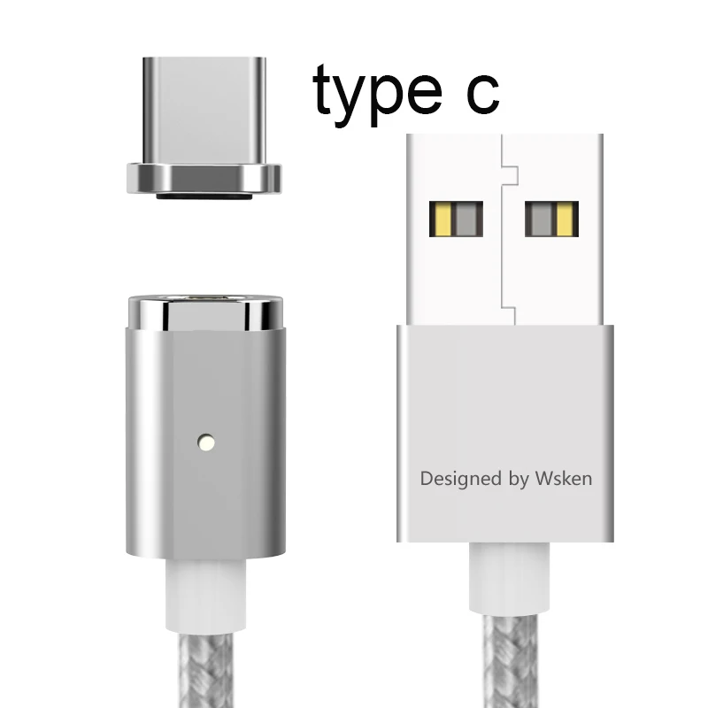 type c silver WSKEN Mini2 USB Магнитный зарядный кабель Быстрая зарядка Micro usb type C кабель для samsung Galaxy S9 S8 Note8 S7 S6 huawei Xiaomi 1 м - Цвет: type c silver