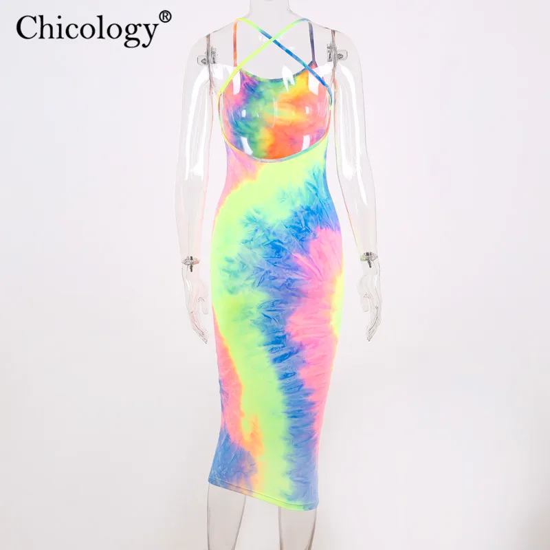 Chicology tie dye облегающее женское платье миди 2019 летнее соблазнительное с открытой