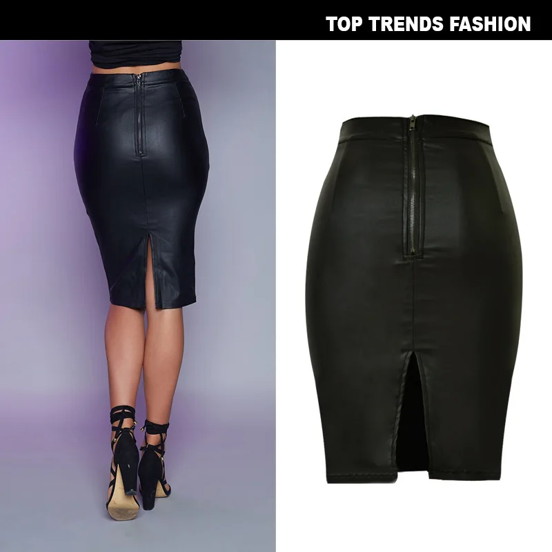 Для женщин Мода черный покрытием Высокая Талия Джинсовая юбка разрез сзади
