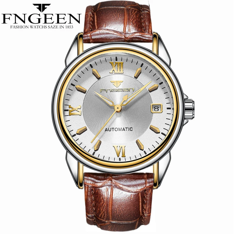 brown gold white FNGEEN повседневные автоматические механические часы мужские водонепроницаемые брендовые роскошные часы мужские наручные часы календарь часы Relogio Masculino - Цвет: brown gold white