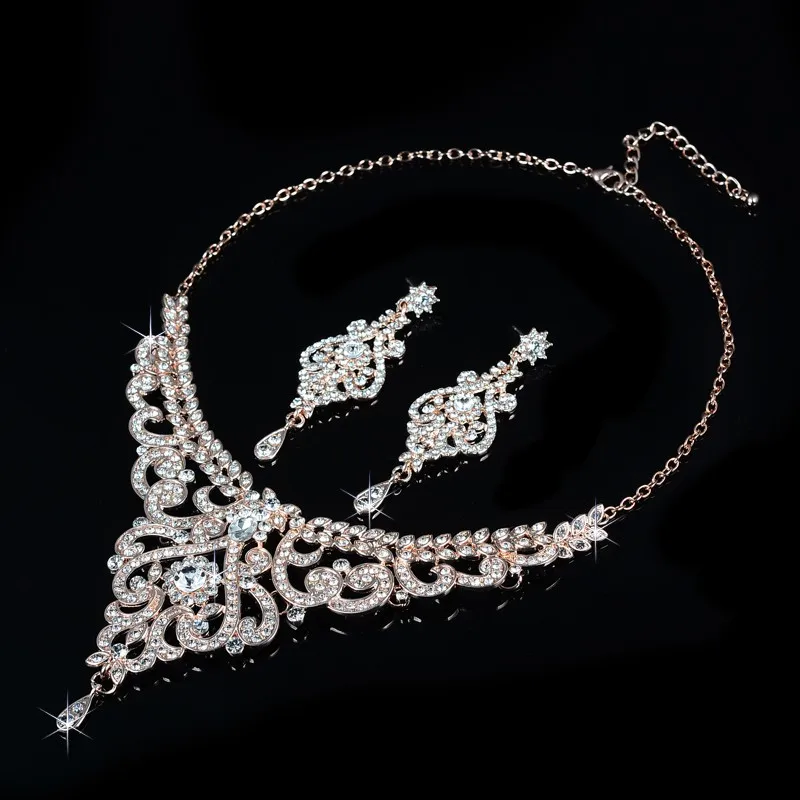 SLBRIDAL, розовое золото, стразы, кристаллы, Свадебный комплект ювелирных изделий, свадебное ожерелье, серьги, набор, вечерние Ювелирные наборы, Женские Ювелирные изделия