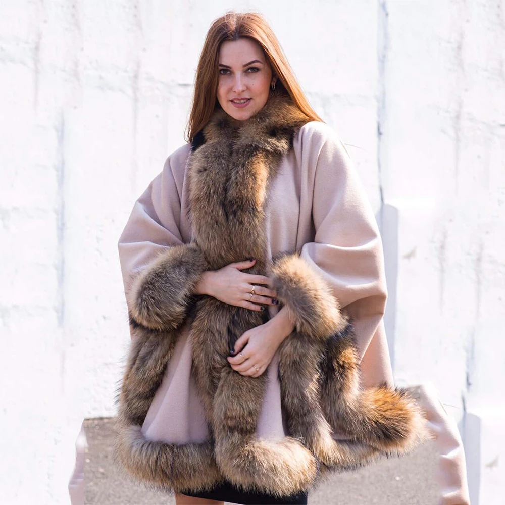 

2021 BFFUR Real Raccoon Fur Collar Woolen Blends Outfit Fashion Women's Cape Luxurious Capes Female Winter Fashion Slim Shawl