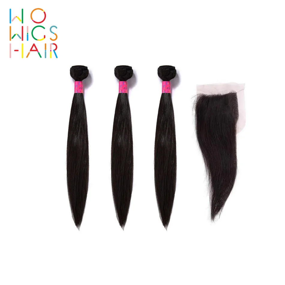 WoWigs волосы Малазийские Волосы Remy прямые 4/3 пучка сделка с верхним кружевом