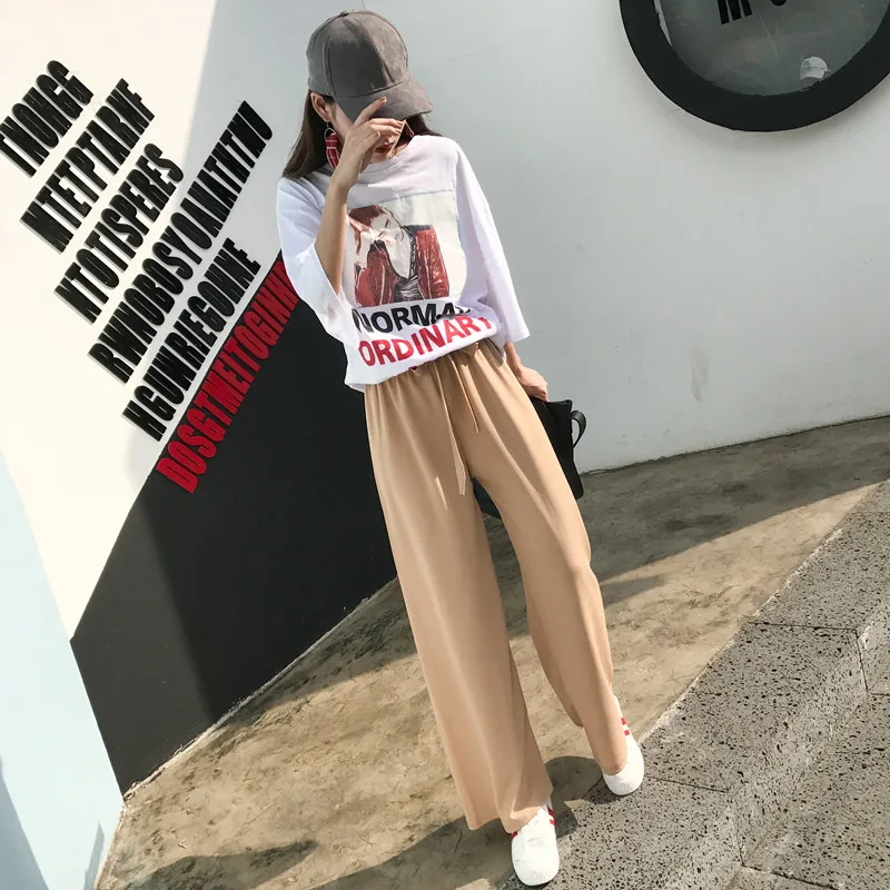 Брюки Ulzzang женские свободные элегантные мягкий пояс с высокой талией летние