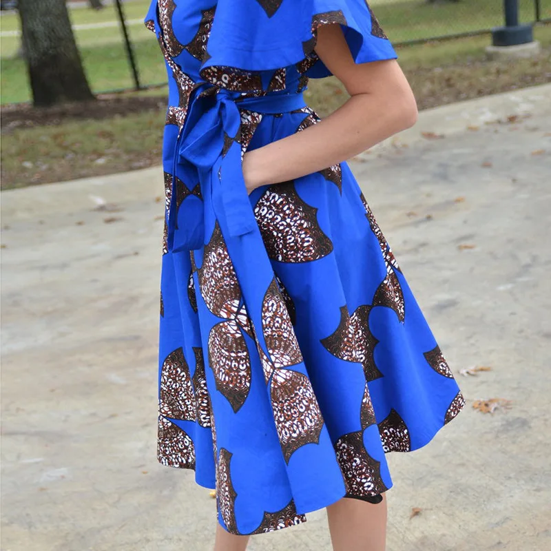 V-neck Women Printing Dress Vintage Summer Big Pockets Dresses | Женская одежда
