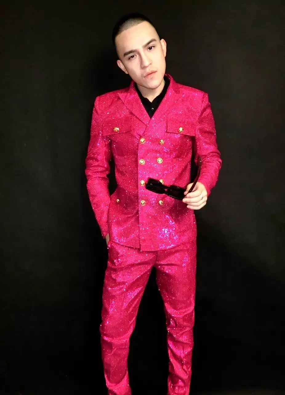Мужские модные розовые блестящие облегающие костюмы набор для выступлений на
