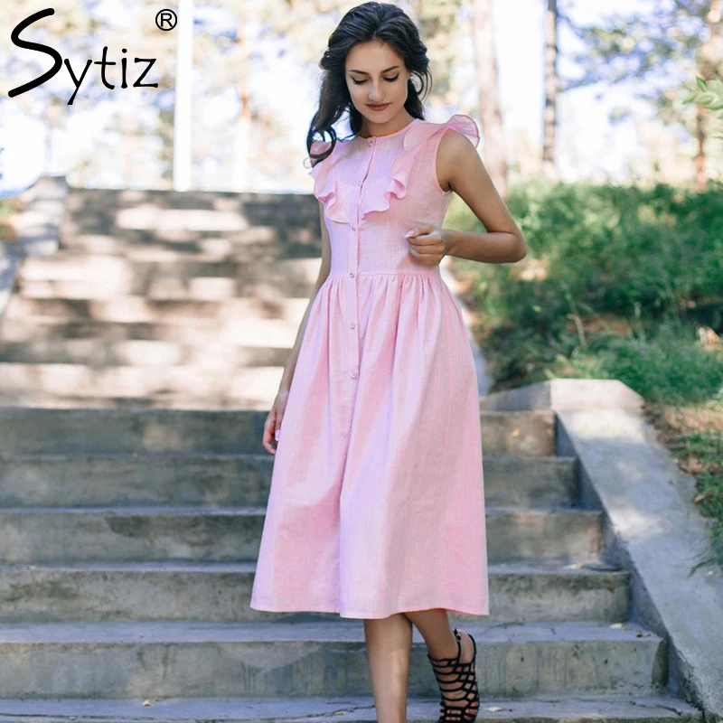 Sytiz Pink Sweet Ruffles Dress Women 2018 Spring Summer Casual Sleeveless Button Vestidos Mid-Calf Sexy A-Line Dresses | Женская одежда