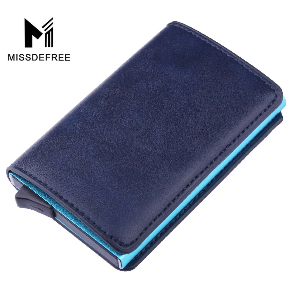 Blue Leather Wallet Алюминий бумажник с заднего кармана ID Card Holder RFID Блокировка мини-тонкий металлический кошелек автоматические всплывающие Кредитная карта монет кошелек - Цвет: Blue Leather Wallet