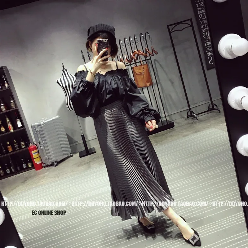 Dark grey LANMREM Новая летняя модная женская одежда с высокой талией, плиссированная трапециевидная длинная юбка для девочек, все цвета, WG18208 - Цвет: Dark grey