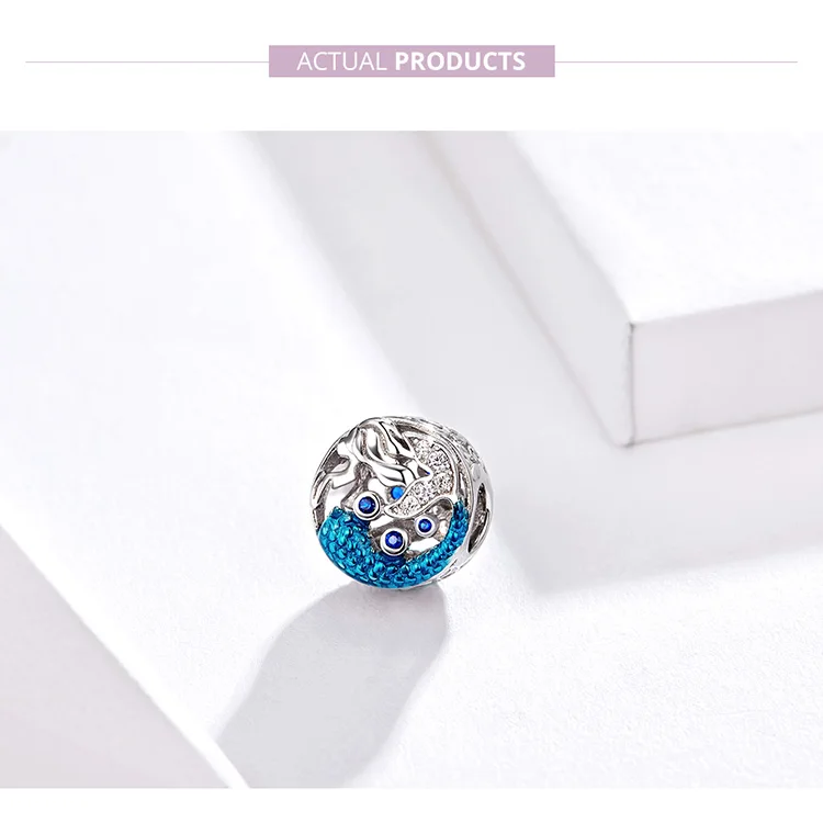 Подходит для браслета Pandora, серебро 925,, голубой морской циркон, бисер русалки, S925 CZ, рыбий хвост, жемчужные подвески для изготовления ювелирных изделий