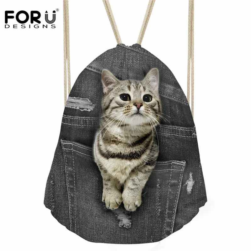 FORUDESIGNS/Модная женская сумка на шнурке, черная джинсовая сумка для хранения с принтом кота, мягкие пляжные сумки, Детские повседневные Рюкзаки-мешки для мальчиков и девочек - Цвет: CC3319Z3