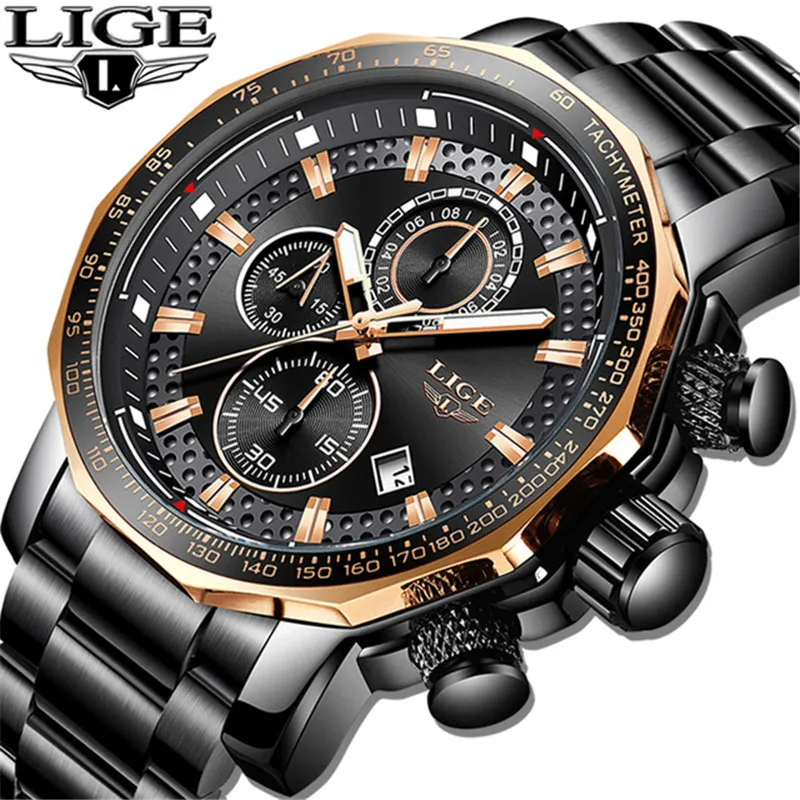 Часы наручные LIGE Мужские кварцевые брендовые Роскошные водонепроницаемые