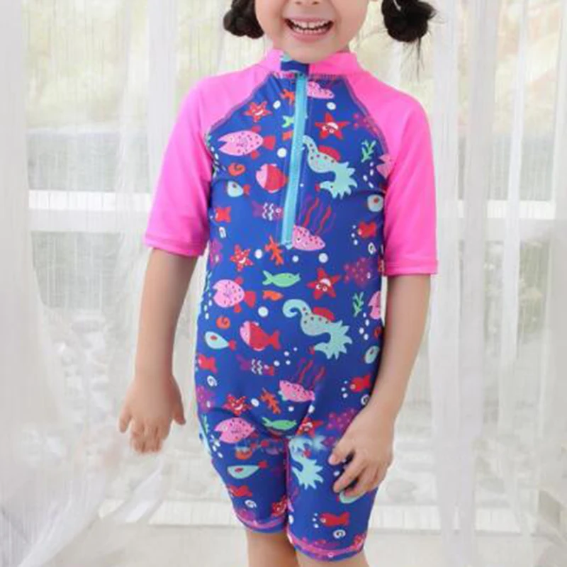 

Cartoon dinosaur printing girls swimsuit short sleeve kids bikini one-pieces jumpsuit toddler baby bathing suit 3-7Yrs
