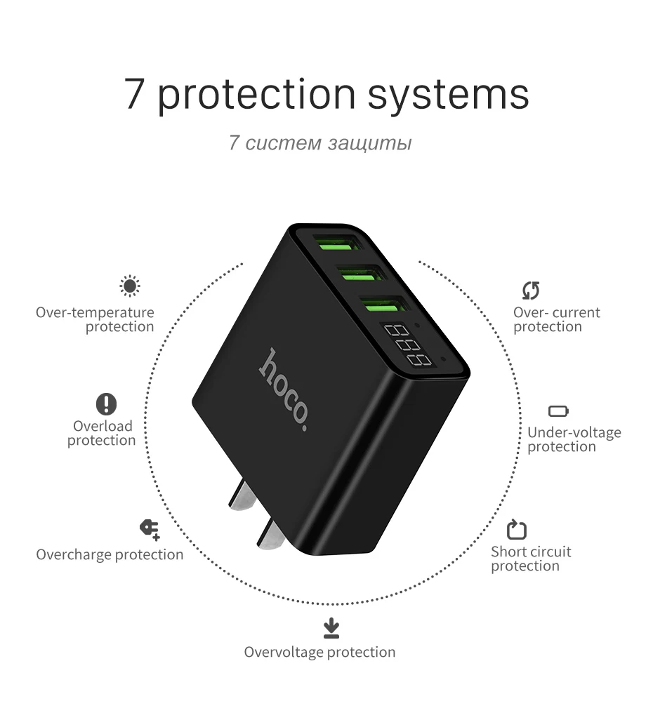 HOCO, 3 порта, USB зарядное устройство для телефона, светодиодный дисплей, штепсельная вилка США, умная быстрая зарядка, мобильное зарядное устройство для путешествий, 5 В, 3 А, для iPhone, телефонов, iPad