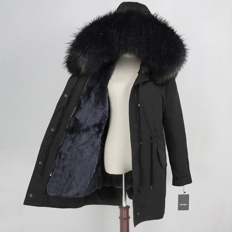 black grey grey Женская меховая куртка OFTBUY, водонепроницаемая парка песочного цвета с подкладкой из натурального кроличьего меха, с меховой отделкой на капюшоне, верхняя одежда зима - Цвет: black grey grey