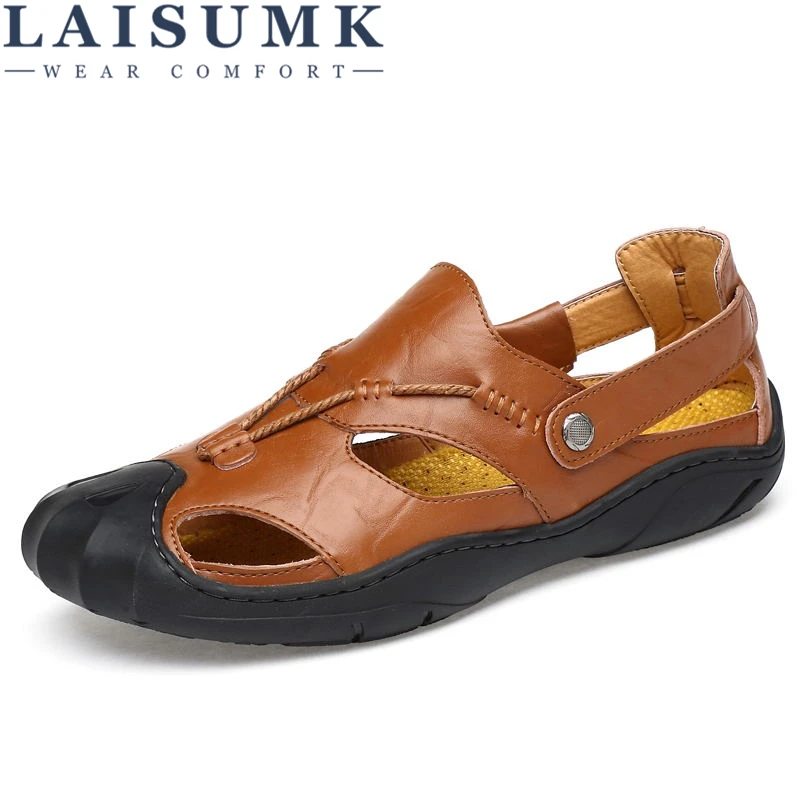 

LAISUMK Genuine Leather Men Sandals Summer Cow Leather New For Beach Male Shoes Mens Gladiator Sandal Leather Sandals 38-46