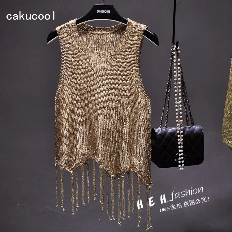 

Cakucool Gold Lurex Tank Women Sexy Summer Sleeveless tshirt Tassels Knit Camis Sequin Slim Shiny Bohemian Basic Camisole Femme
