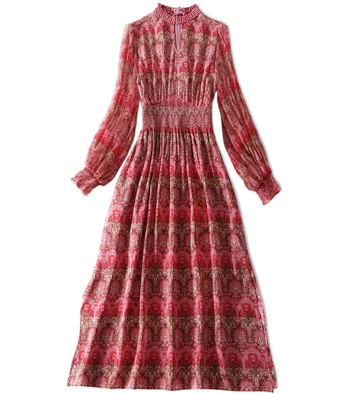 

2018 Spring Women Silk Dress Floral Print Long Sleeve Beading Medium Length Silk Dresses Female Plus Size XL
