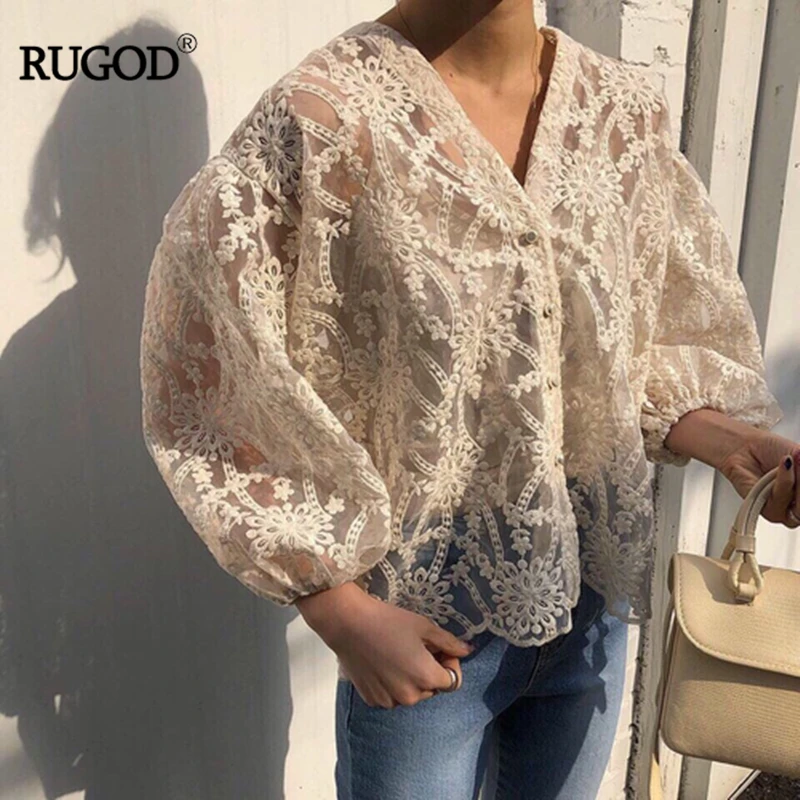 RUGOD открытые кружевные Элегантные однотонные женские рубашки с v образным