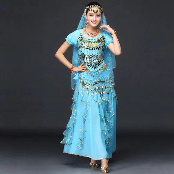 turquoise Женская Одежда для танцев сари танец живота костюм комплект из 4 предметов Индийские танцы Болливуд костюмы юбка в индийском стиле наряды - Цвет: turquoise
