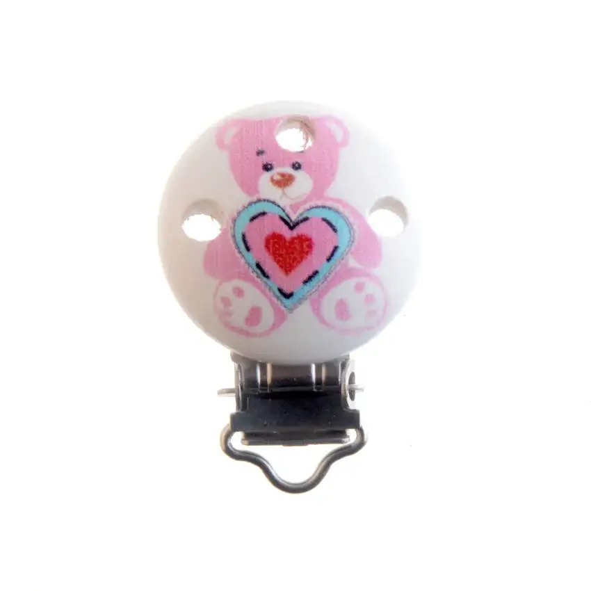Bear Pink Baby Pacifier Clips Pattern Wood Metal Holders Cartoon Cute Infant Soother Clasps Accessories 4.4x2.9cm - Цвет: Bear Pink