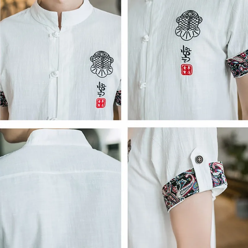 Фото 2019 Summer Plus Size Men's Baggy Solid Cotton Linen Short sleeve frog Button Pocket Shirts camisa masculina camisas 7068 Мужская 2019 Summer Plus Size Men's Baggy Solid Cotton Linen Short sleeve frog Button Pocket Shirts camisa masculina camisas 7068 Мужская