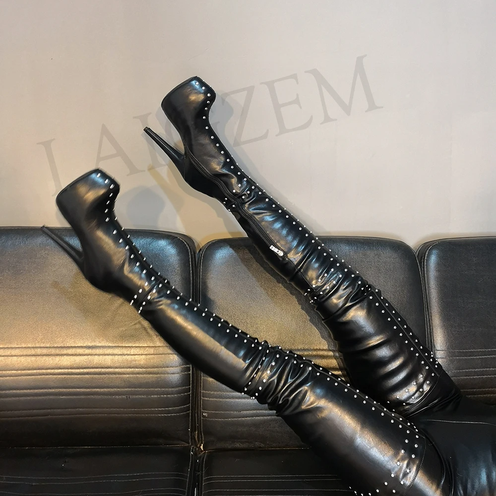 

LAIGZEM SEXY Women Thigh High Boots Crotch Customize Party Club Show High Heels Zipper PUNK Boots Botines Mujer Big Size 50 51 5