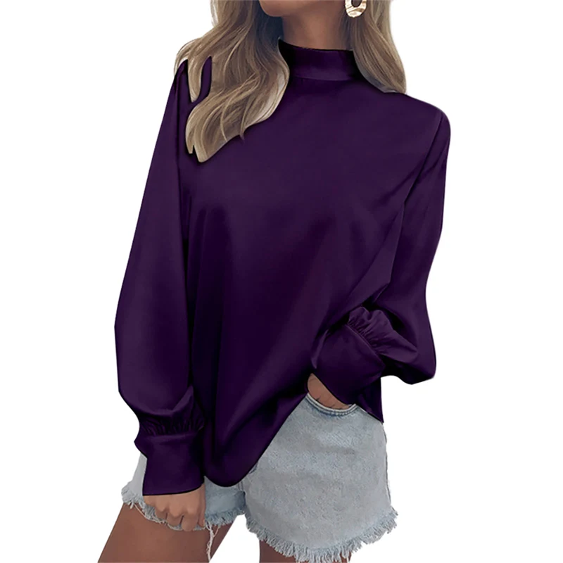 

Women Long Sleeve Turtleneck Elegant Chiffon Blouse Work Wear Casual Solid Shirts Tops Blusas