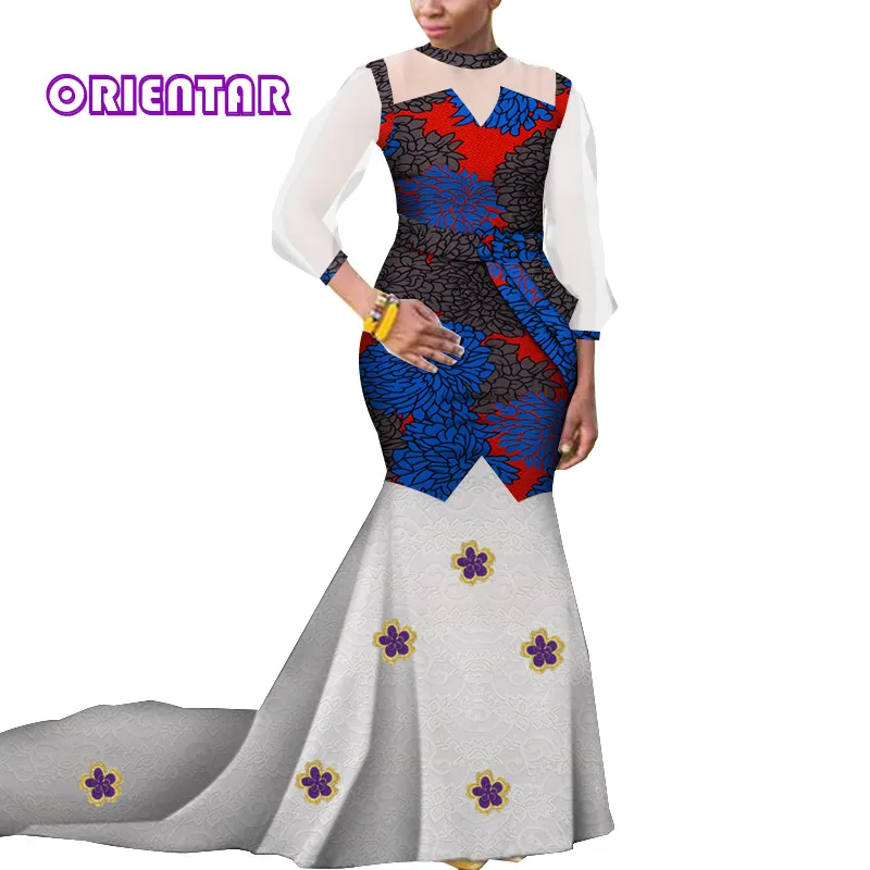 Women African Lace Dresses for Traditional Wedding Long Sleeve Dashiki Dress Elegant Lady Evening Maxi Dress WY4997