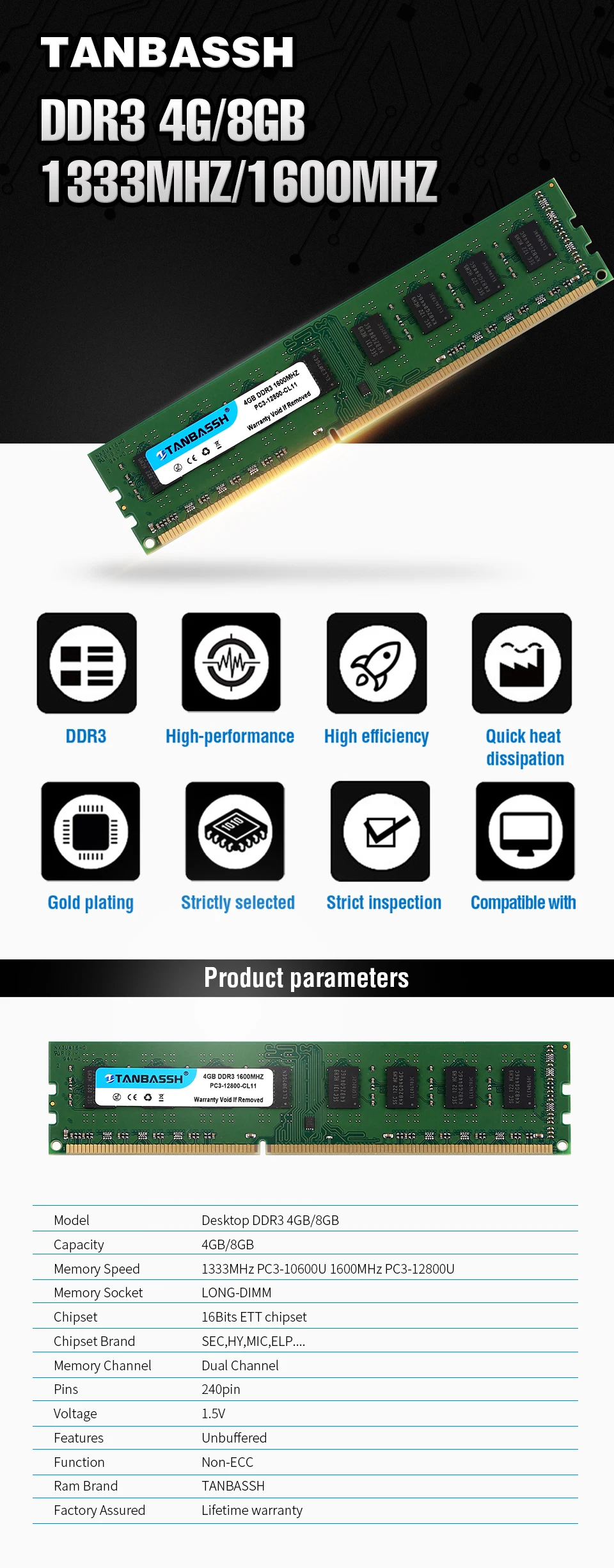 DDR3 Оперативная память 4 ГБ/8 ГБ 1333 МГц/1600 МГц рабочего модуля памяти 240pin 1,5 в DIMM Intel/AMD TANBASSH