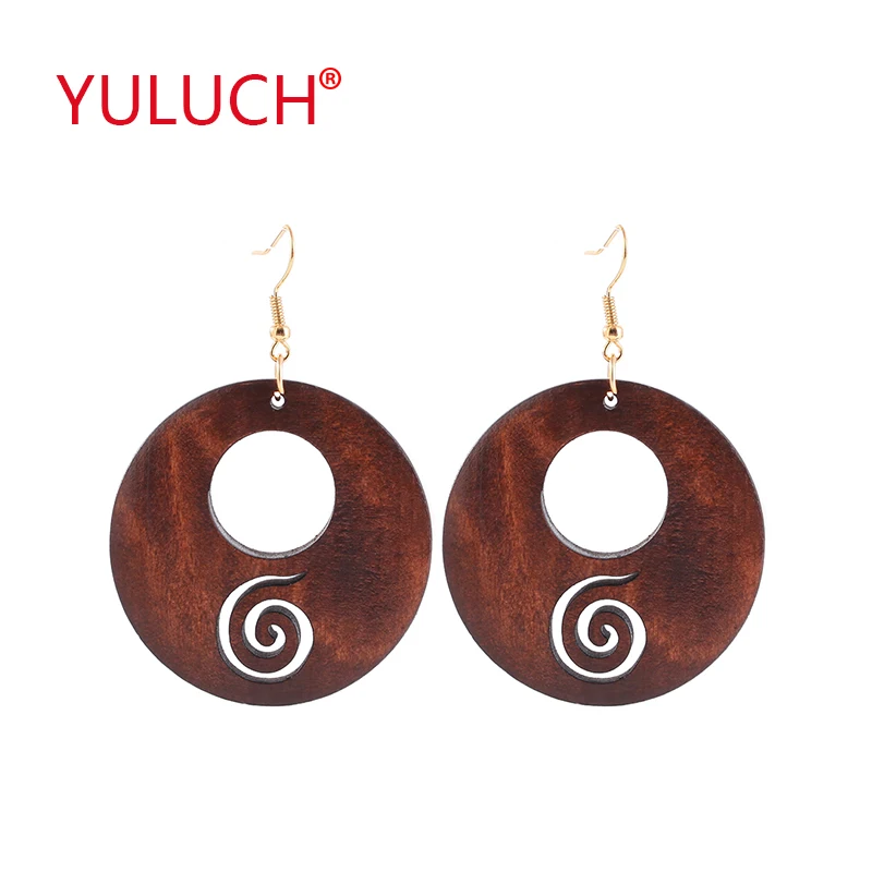 

YULUCH Ethnic Jewelry Design Natural Wooden Round hollow out Spiral Snail Pendant Earrings for Fashion Women Jewelry Gifts