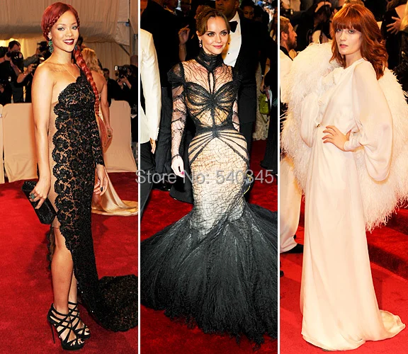 

Custom Made One Shoulder Long sleeves Black lace evening gowns sexy women party dress rihanna side slit Celebrity dresses R6