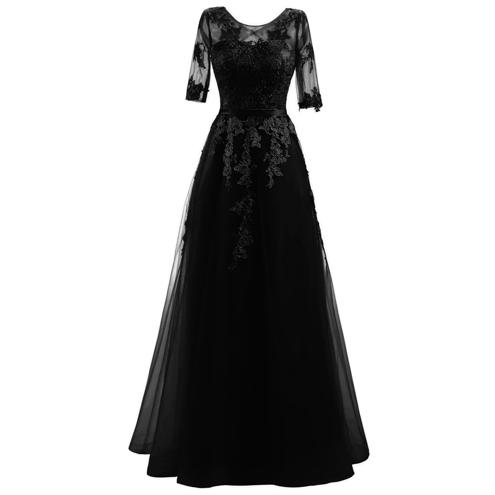 Robe De Soiree, элегантное вечернее платье для банкета, серебряное, рукав до локтя, прозрачное, кружевное, с вышивкой, ТРАПЕЦИЕВИДНОЕ, длинное, официальное платье на заказ - Цвет: black