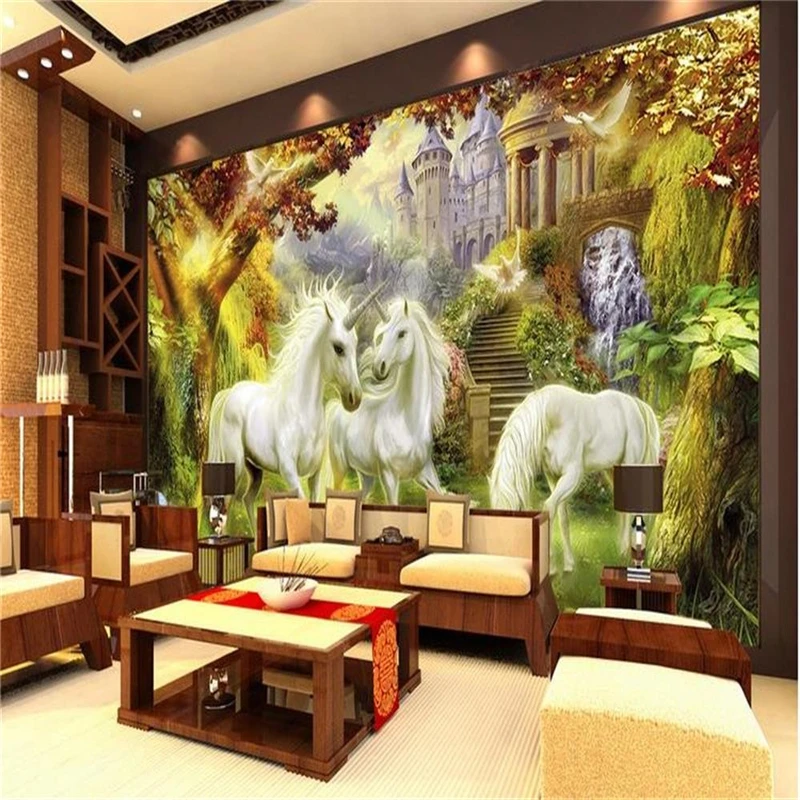 beibehang 3D room wallpaper high-end custom murals non-woven wall sticker European forest horse photo TV background | Обустройство
